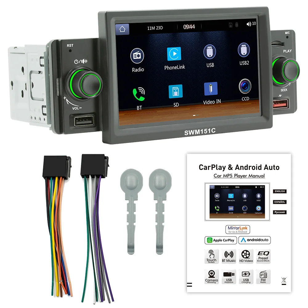 

5 Inch 1 Din Car Radio CarPlay Android-Auto MP5 Player BT Hands Free USB FM MirrorLink Receiver Audio System Head Unit