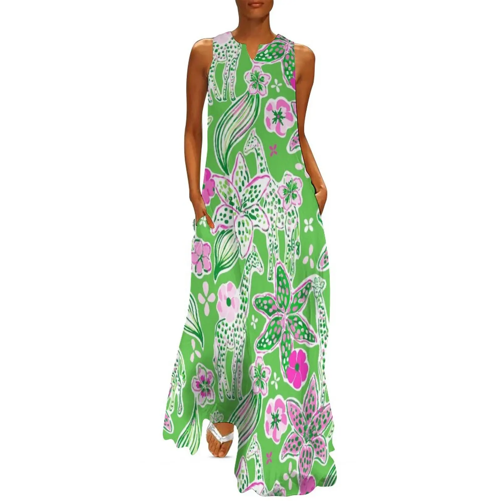 

Preppy Pink Lime Green Giraffe Pattern Long Dress elegant dresses for women summer dresses womens 2025 Dress