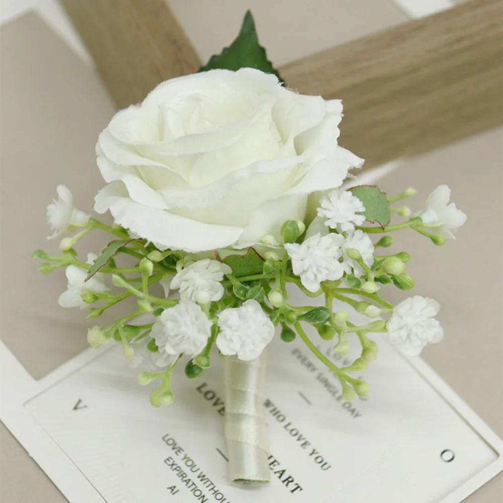 Witte Zijden Roos Bruiloft Boutonnieres Voor Mannen Spelden Kunstbloemen Bruidsmeisje Corsage Pols Bruids Accessoires De Mariage