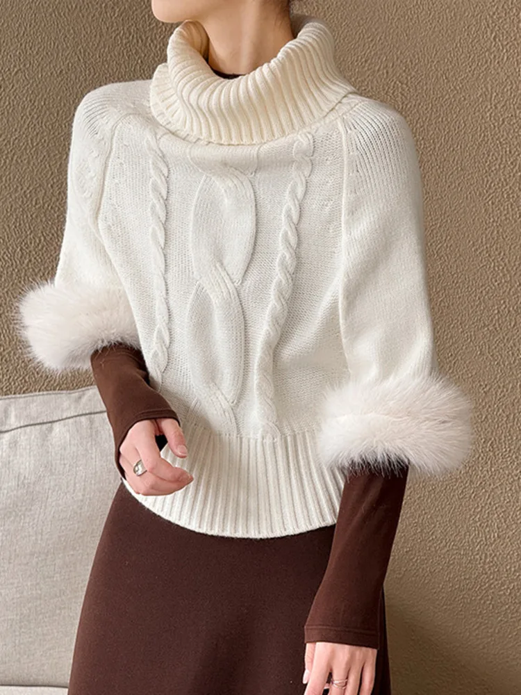 WHTREND شتاء جديد متعدد ارتداء خارج الكتف صوف الأغنام يشعر عالية الرقبة سترة الفراء الأكمام بلوفر مغزول WH2238 #2