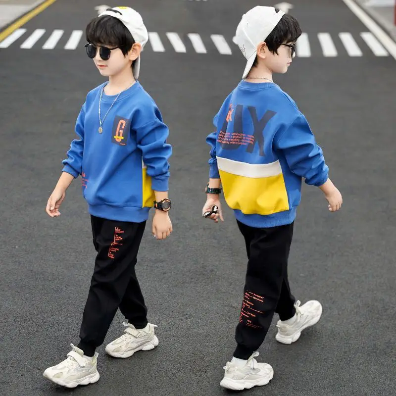 2024 autumn winter Boys Tracksuit velvet patchwork letters rainbow sweatshirt + Leggings Pants Suit Clothes children Set 12 14 Y