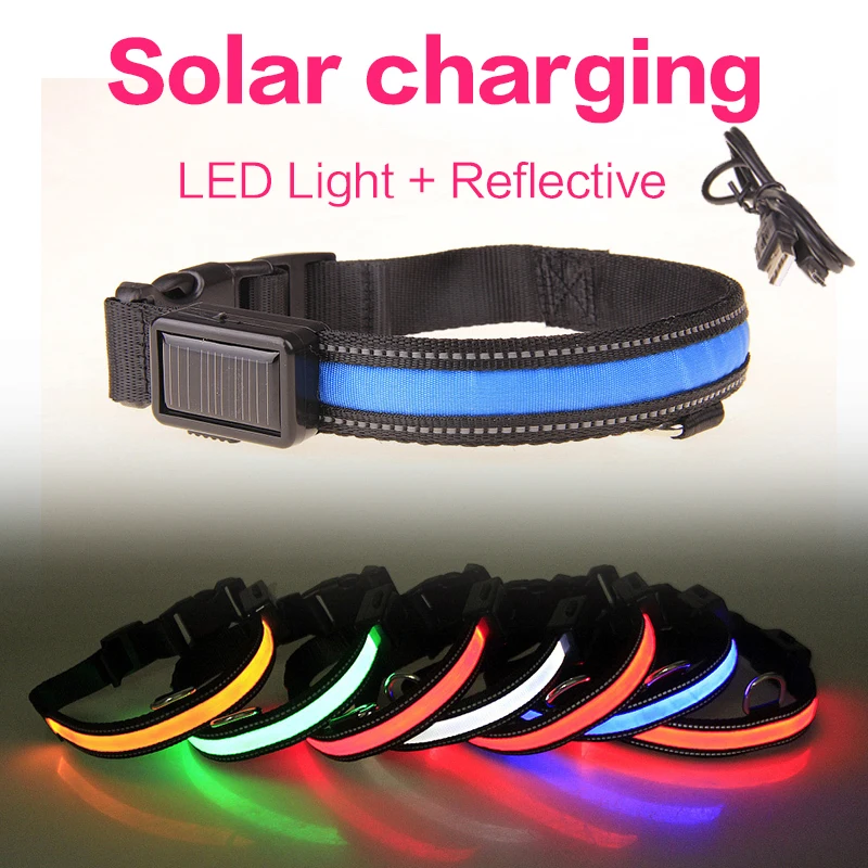 Nylon LED Dog Collar Light Usb Rechargeable Adjustable Flashing Night Safety Solar Charging Collar Perro Luz Pet Dog Accessories