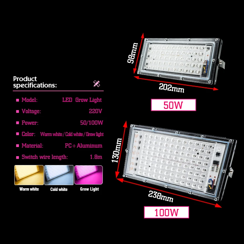 Imagem -02 - Full Spectrum Led Grow Light Phytolamps Lâmpada da Planta Hidropônico Estufa Sementes Flor Crescer Iluminação ac 220v 50w 100w