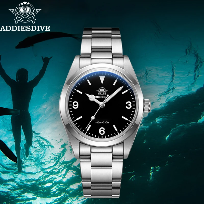 ADDIESDIVE Quartz Watches Men Stainless Steel 36mm Black Dial Diver Wristwatches Bubble Mirror Glass BGW9 Luminous Analog Watch