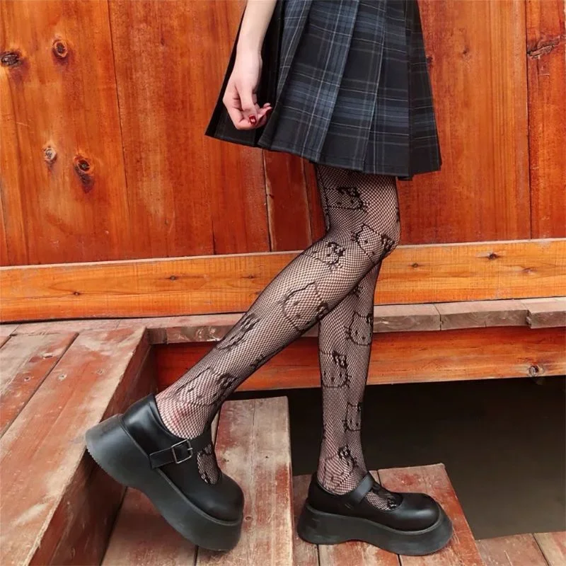 Süße japanische Hallo Kitty Fischernetz Socken schwarze Seiden strümpfe Frauen dünne Frühling und Herbst Anti-Haken Seide Boden Strumpfhosen