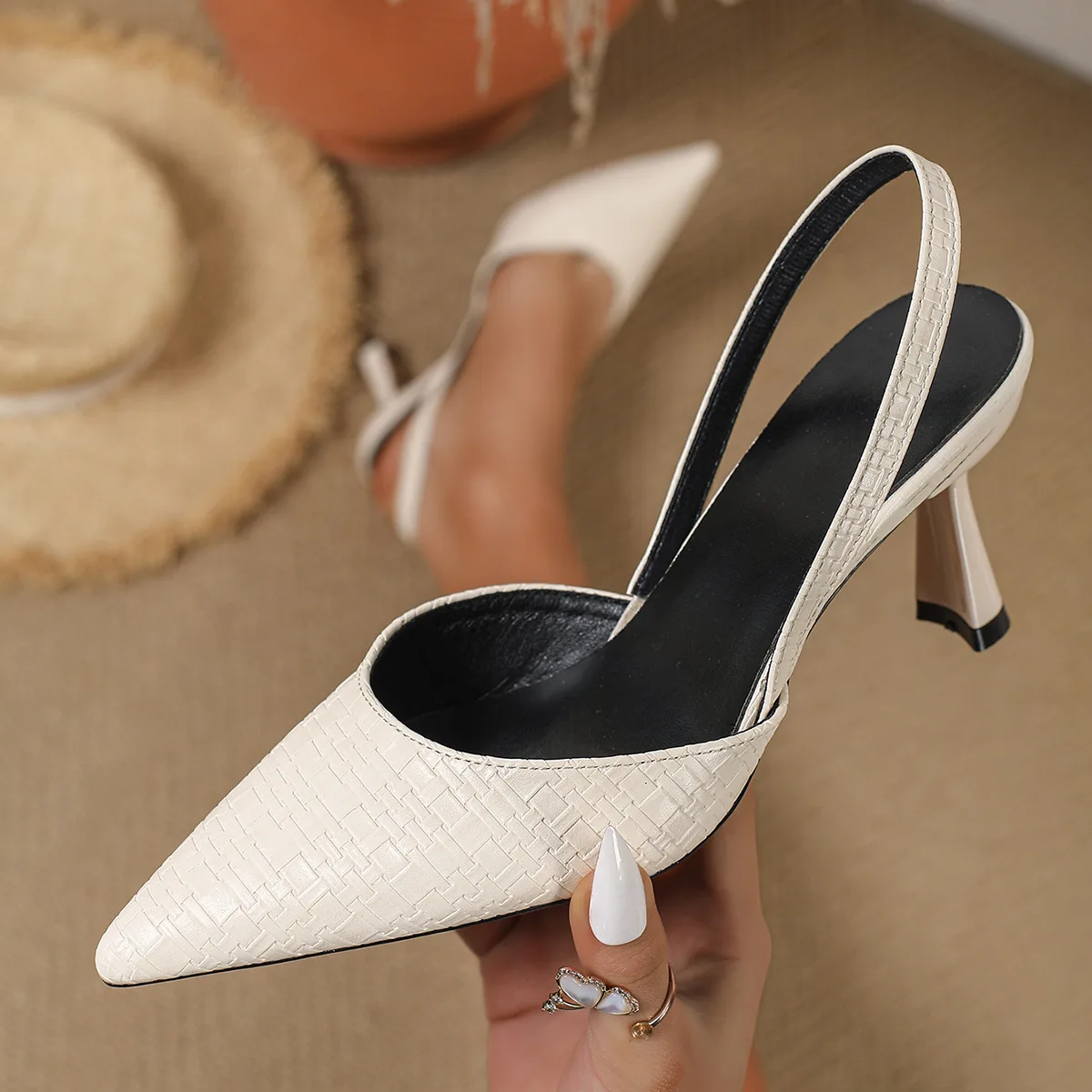 

Size 36-43 Ladies Shoes New Women's Beige Woven Pointed Toe Slingback Sandals, Stiletto Pumps for Office, Wedding, Date, Evening