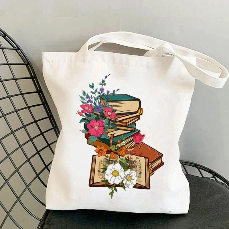 

Floral Stacked Books Canvas Tote Bag Book Lover Print Shoulder Bag Reusable Eco Friendly Tote for Readers Gift