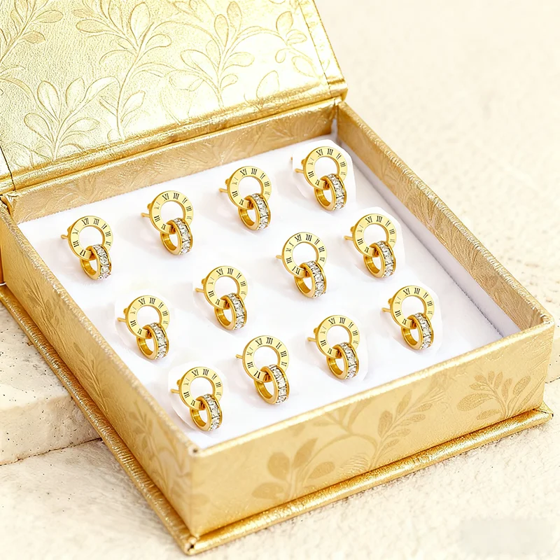 Roman Numeral Double Hoop Earrings Set  Crystal Stud Earrings for Women Fashion Jewelry 12 Pairs Boxed Gift Accessories