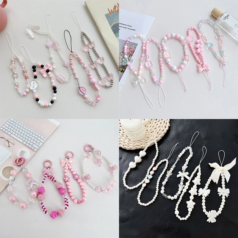 Clear Butterfly Mobile Phone Strap Beads Lanyard For Keys Bow Knot Artificial Pearl Wrist Phone Charm Anti Lost Cellphone Chain