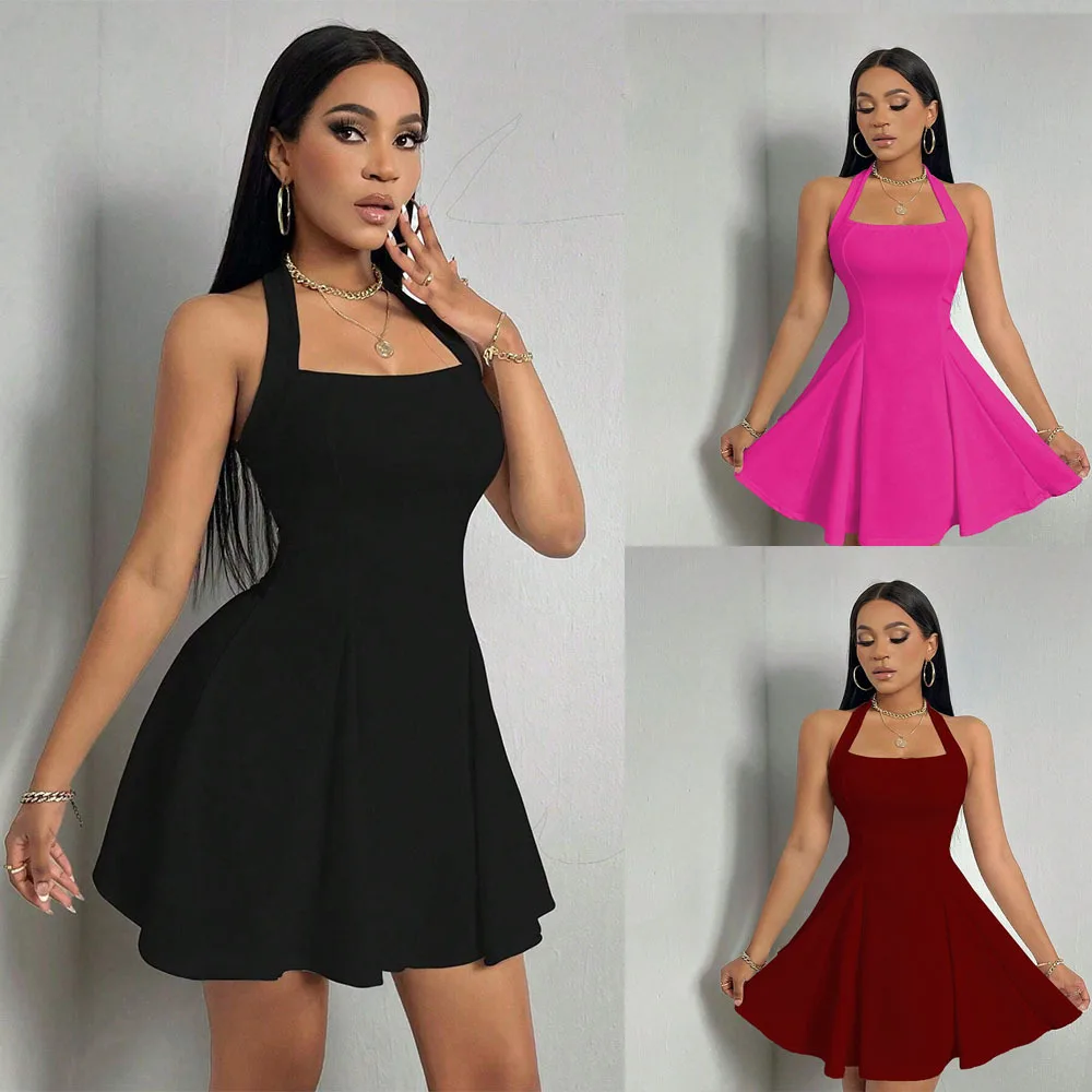 

Summer Silm Fit Halter Sexy Fashion Dress Women’s Square Neck Black Sleeveless Party Dresses Short Shirts Coquette Y2k Clothes