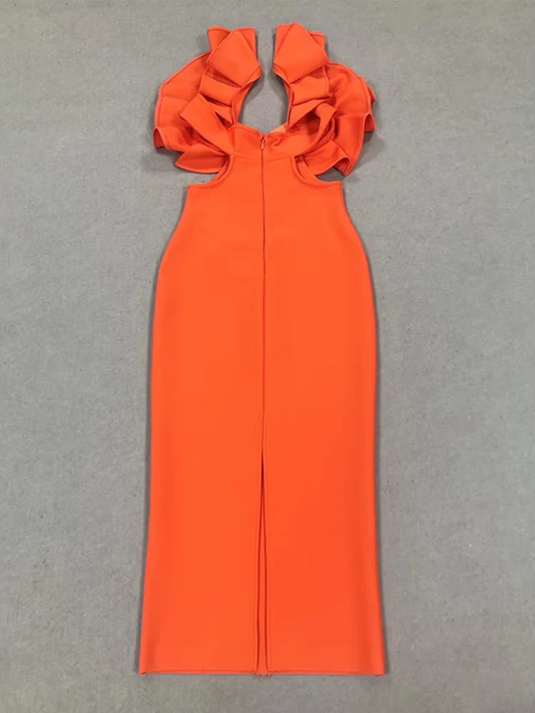 Vrouwen Sexy V-hals Uitgesneden Oranje Ruches Midi Bodycon Bandage Jurk 2024 Celebrity Elegante Avond Club Party Dress