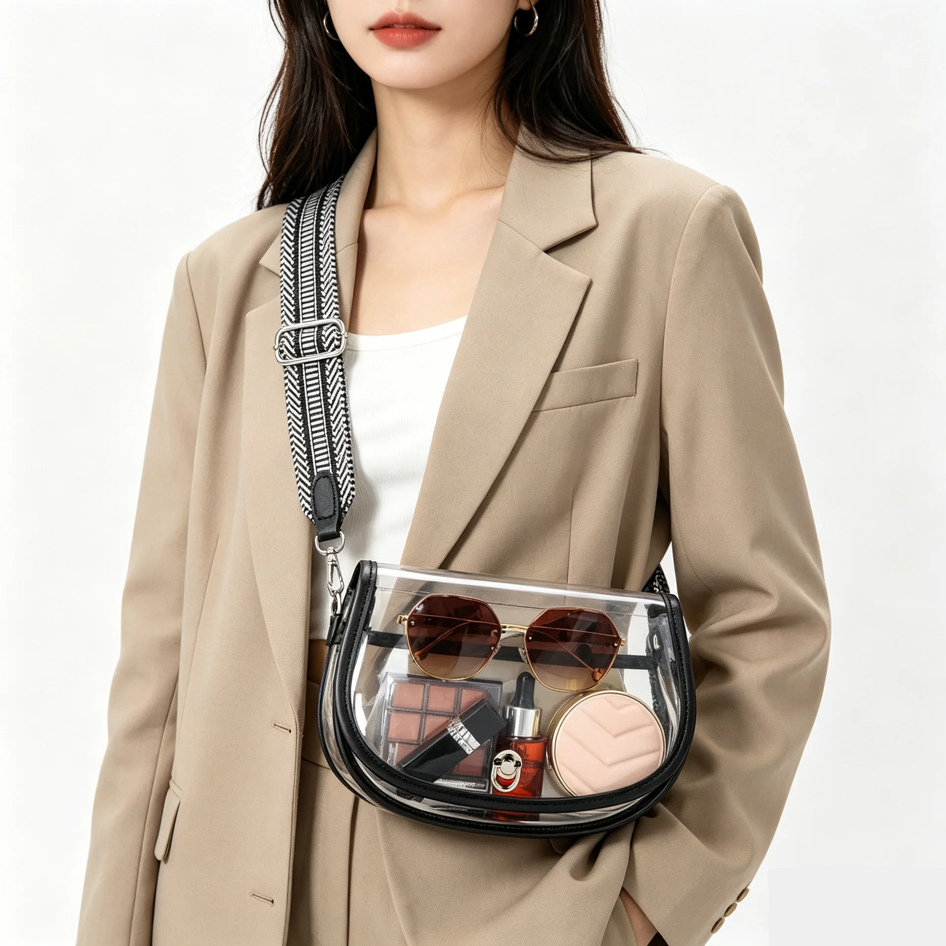 OUIO Phone Pouch Fashion Clear PVC Saddle Bag Gold Twist Lock Leopard Adjustable Strap Transparent Crossbody Purse For Women view 6