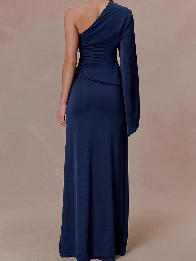 Conjuntos elegantes de satén liso para mujer, conjunto de fiesta sencillo y delgado a la moda, Tops sexis de manga con un solo hombro y media falda