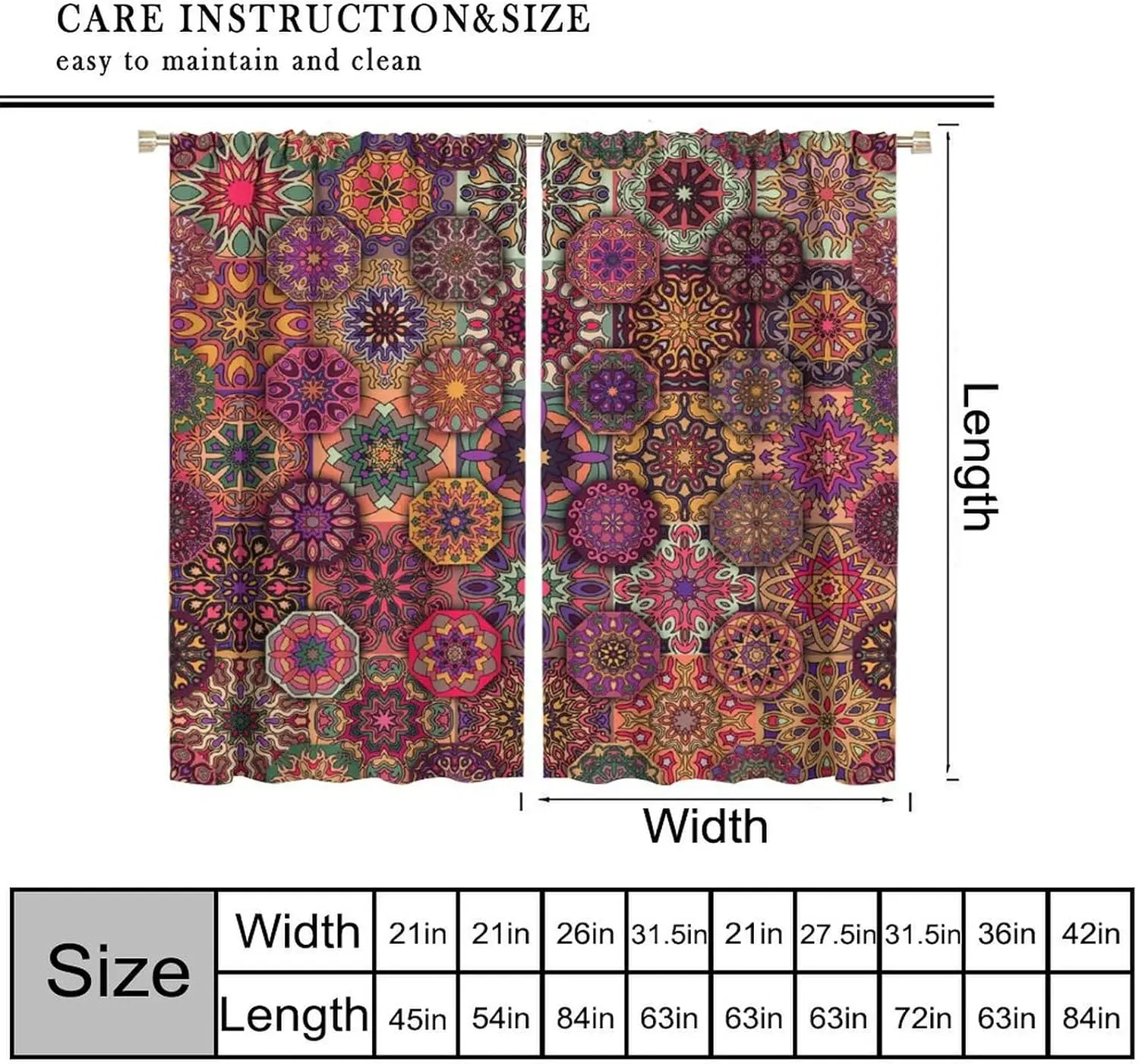 Retro Bohemian Curtains,Vintage Flower Colorful Mandala Art Printed Window Treatments for Bedroom Living Room Kitchen 2 Panel