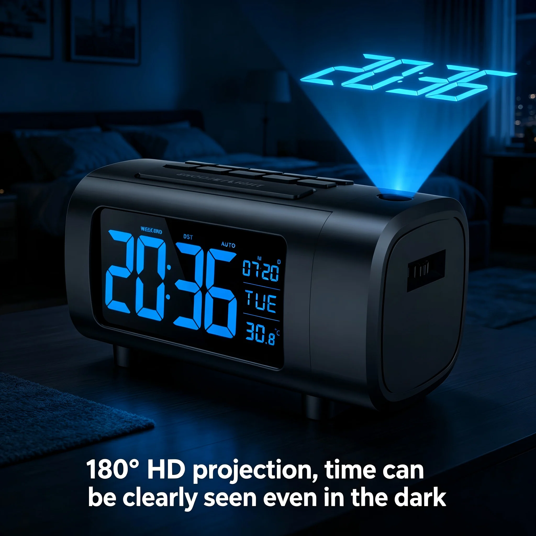 180° HD Projection Alarm Clock Digital 2 Display Modes LED Clock with Date/Temperature Display USB Charger Bedroom Bedside Clock