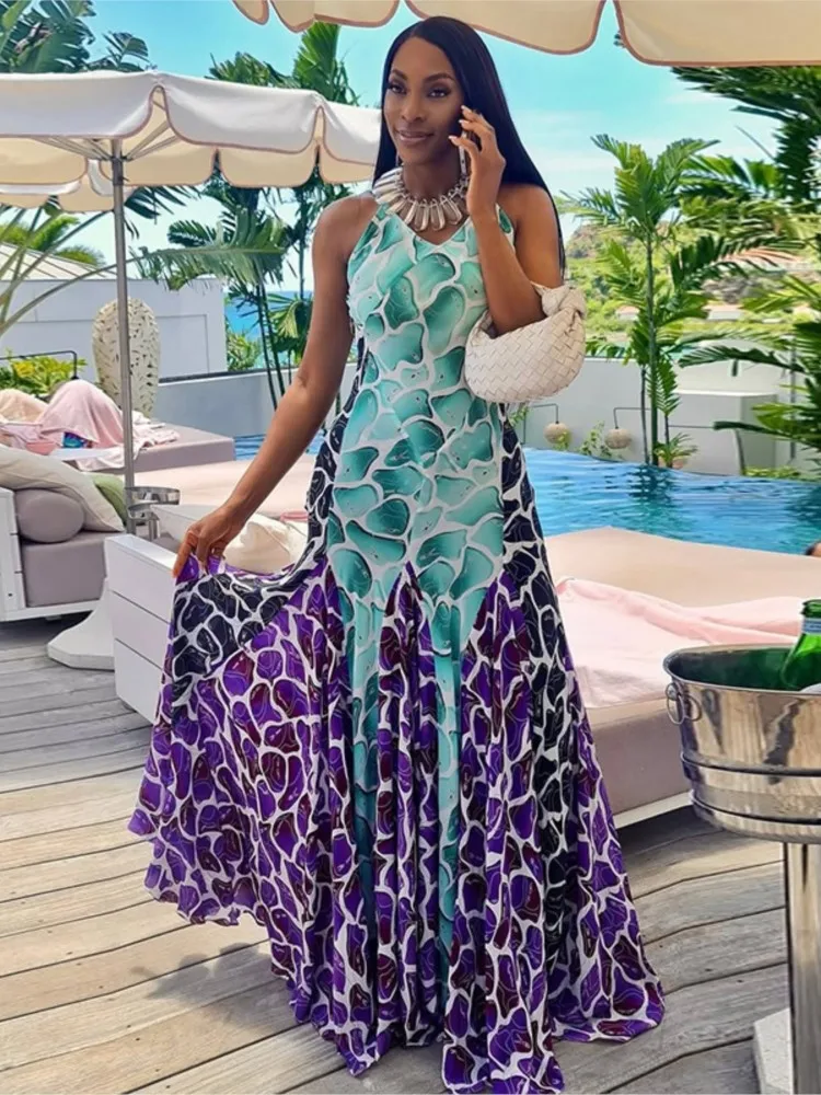 여름 프린트 섹시 드레스 여성 스트리트웨어 민소매 백리스 스파게티 스트랩 바디콘 캐주얼 클럽웨어 우아한 파티 맥시 드레스