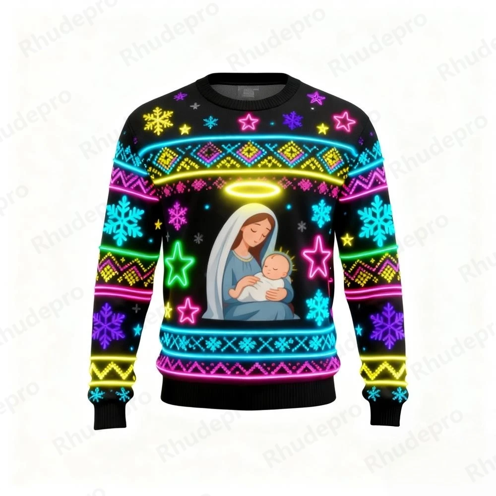 Funny Neon Animal Graphic Ugly Christmas Sweater For Women Clothes Fake Neon Santa Pullover Unisex Sweatshirt Polyester Y2k Tops