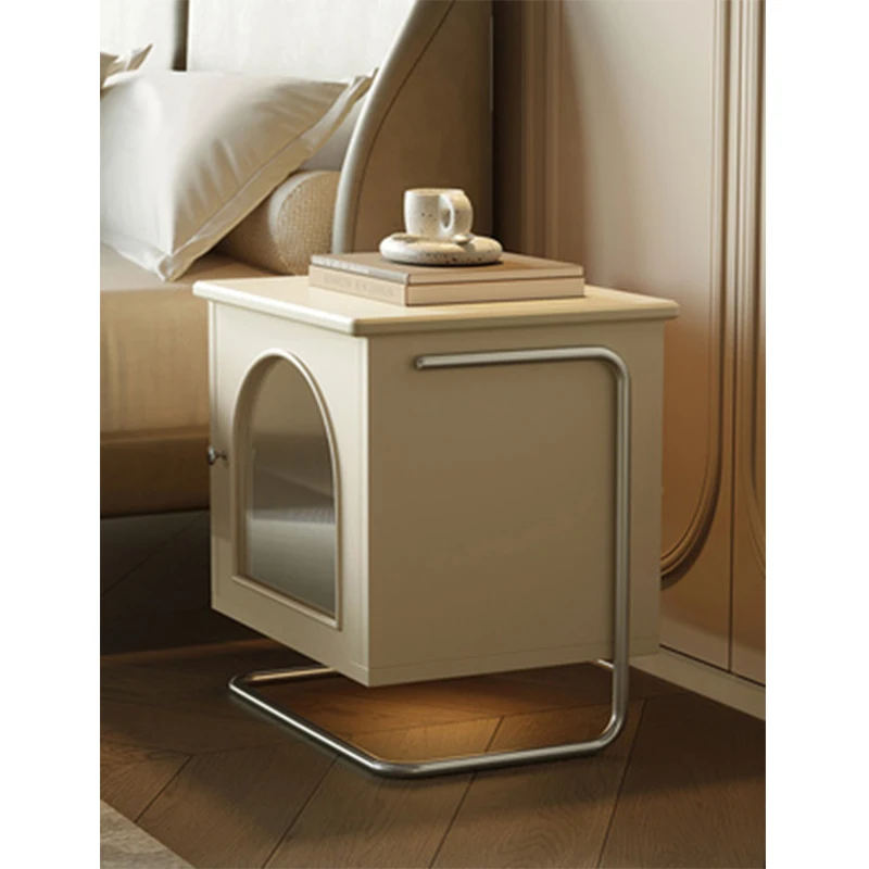 French Cream White Smart Bedside Table With Light Modern Minimalist Multi-functional Bedroom Storage Nightstand - view 5