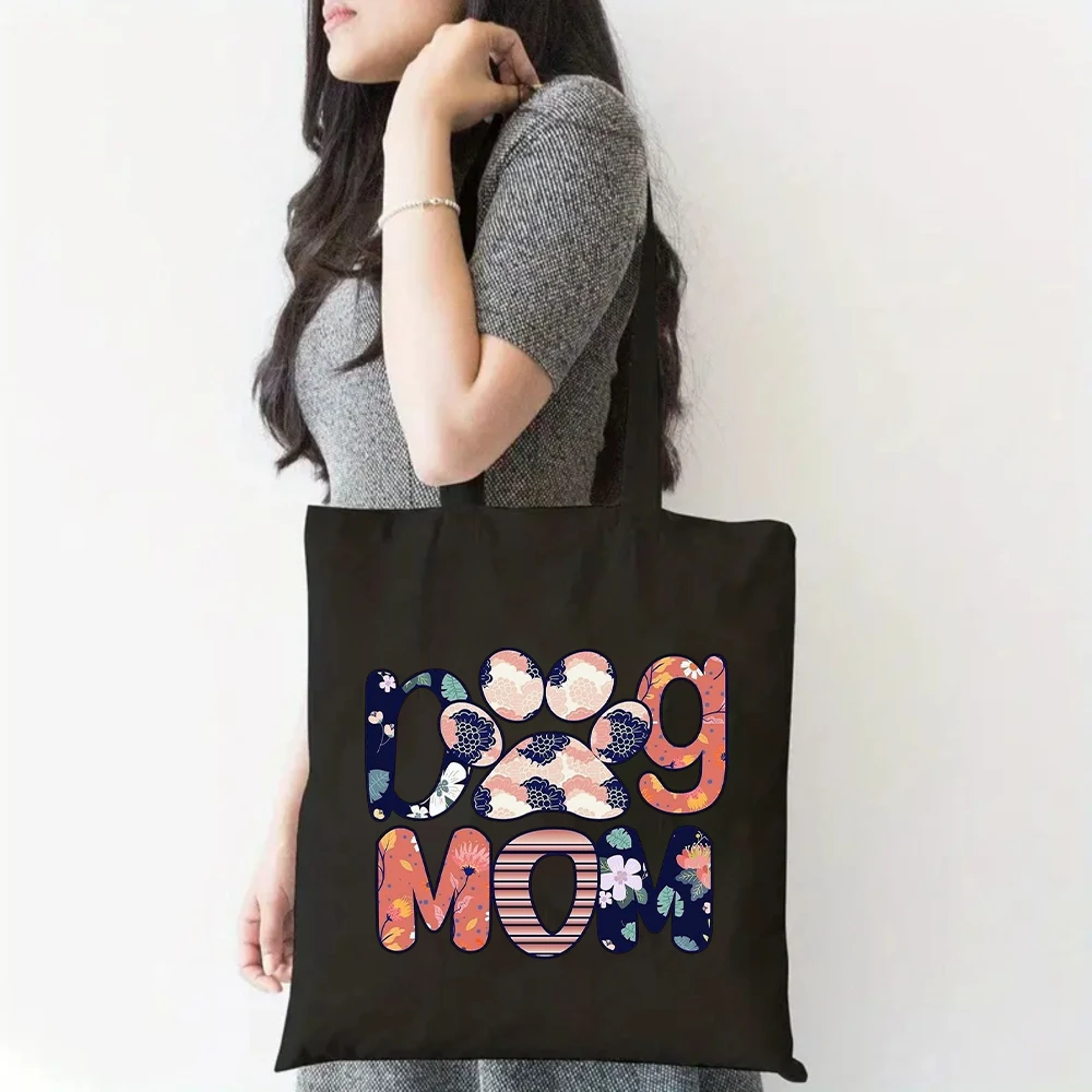 

Floral & Leopard Print Dog Mom Canvas Tote Bag, Reusable Casual Shoulder Bag for Dog Lovers, Eco-friendly Shopping & Daily Use