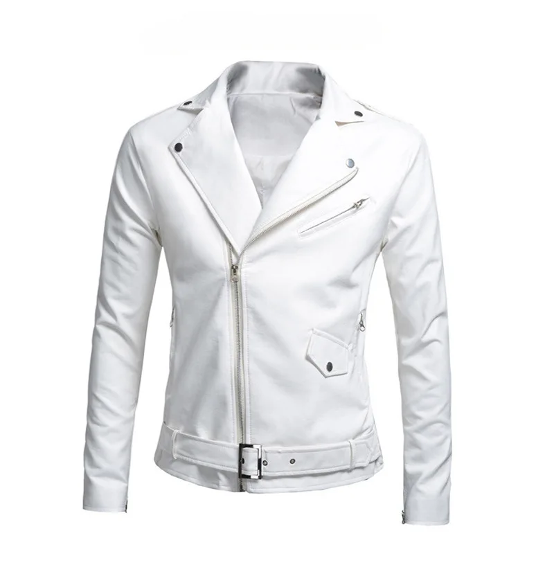 Men's zip-up synthetic leather jacket, casual motorcycle jacket, black and white, spring and fall