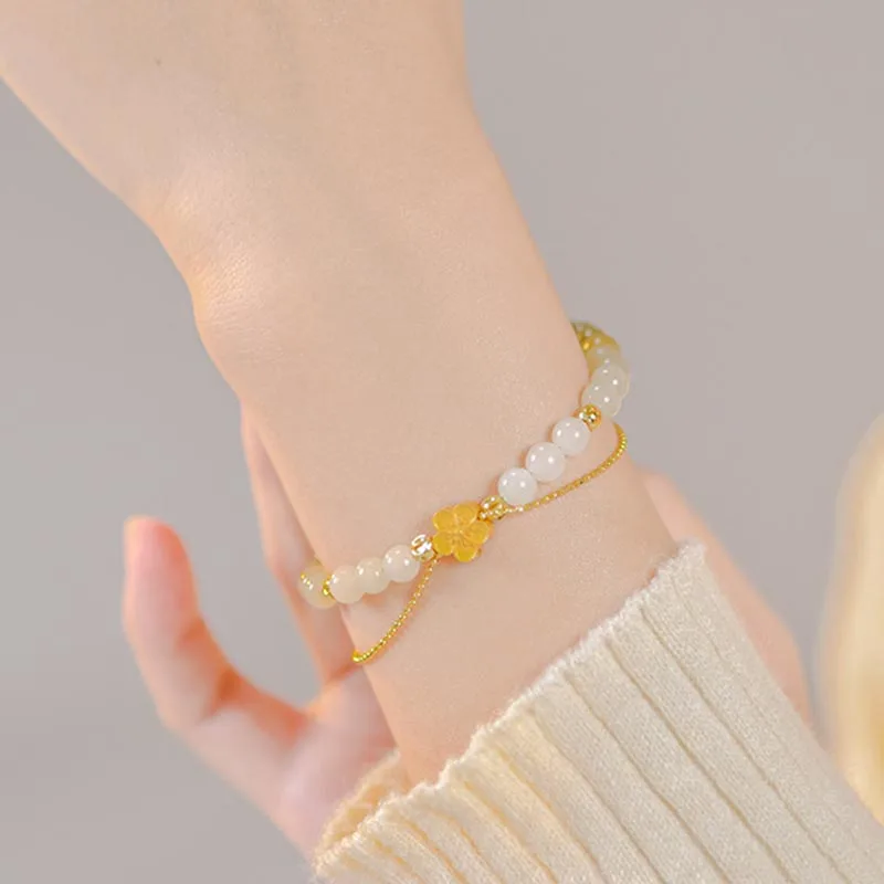 Fashion Gifts Femme Sterling Silver Bracelet Women's Design Flower Handpiece Jade Creative Cute Female Temperamental