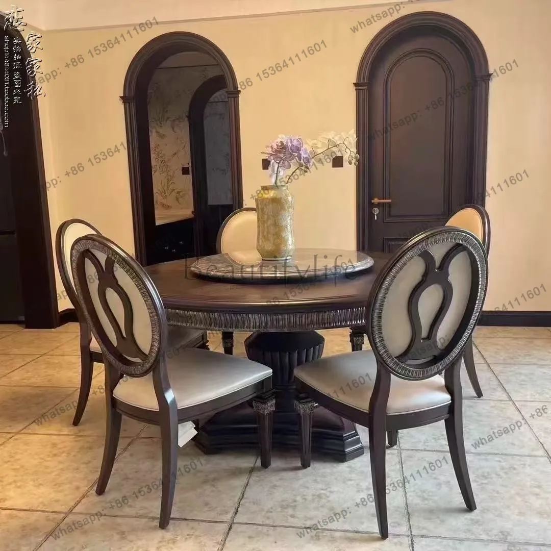 Spot American retro solid wood dining table ART solid wood dining table and chairs, French engraved round dining table chair