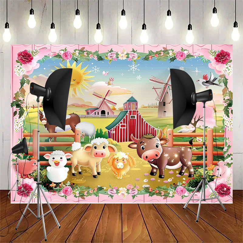 

Cartoon Farm with A Pig And A Barn Cow Photography Backdrops Pink House Happy Birthday Party Decor Photo Studio Background ZZ-02