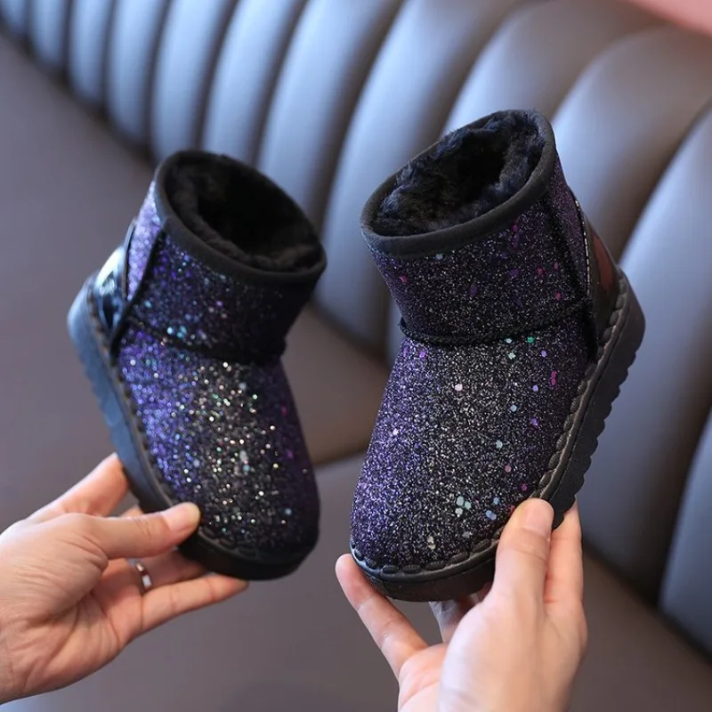 Children Snow Boots Soft Bottom Warm Padded Thickened Boots Non-slip Cotton Shoes Girls Comfort Fuzzy Shoes Glitter Casual Shoes