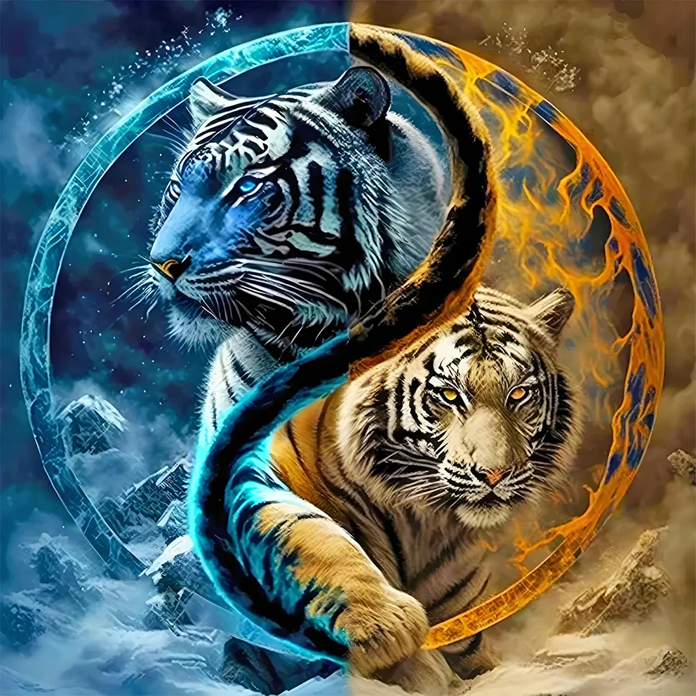 Yin Yang Tiger Muster DIY Diamant Malerei Set, Rahmenlose Voll-Diamant-Kunst, Größe 15,74x15,74 Zoll