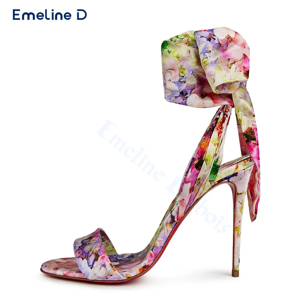 Bright Colorful Flower Print Satin Sandals Round Toe One-Strap Stiletto Sexy Sandals Calf Straps Fashionable Women's Shoes