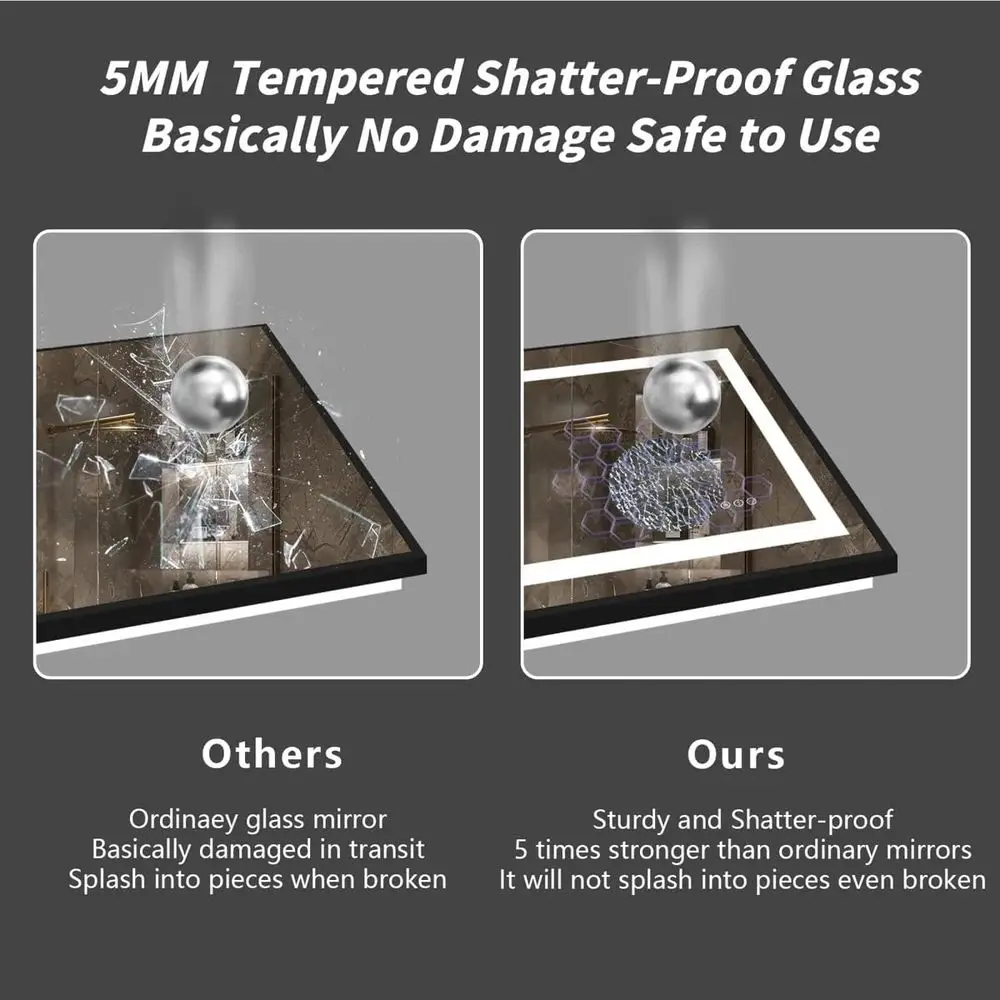 Miroir de courtoisie LED à intensité variable, 28 x 32 pouces, rétroéclairage et éclairé sur le devant, antibuée, incassable, fonction mémoire, certifiant ETL