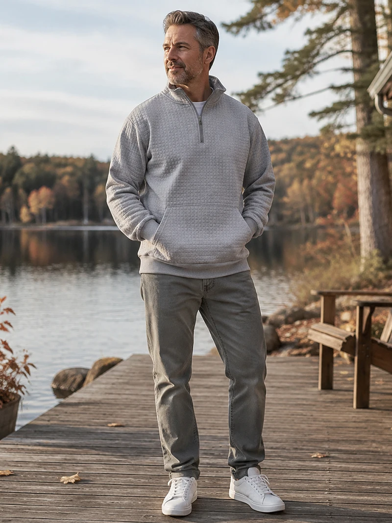 Herren Waffelstruktur Stehkragen Halbreißverschluss Langarm-Sweatshirt mit Kängurutasche, Locker Geschnitten, Frühling Herbst Weicher Lässiger Pullover – Detail 12