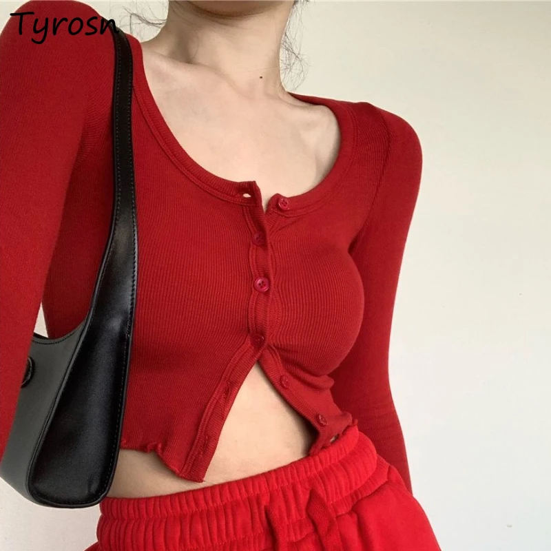 Korean Style Cardigan Women Buttons O-neck Long Sleeve Knittedwear Retro Bodycon Solid Causal Sexy Short Tops Hot Girls Fashion