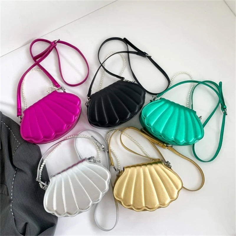 Women Shell Shape Crossbody Bag Pearl Chain Handbag Purse Lady Girls PU Leather Flap Shoulder Bag Casual Solid Color Daily Wear