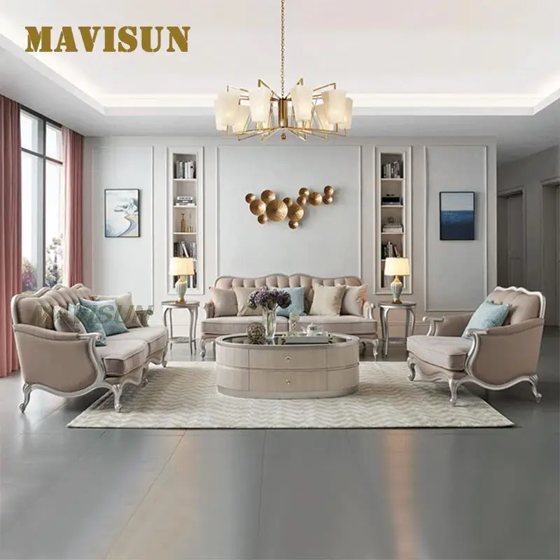 Leather Fabric American Living Room Sofa Solid Wood Frame Lobby Reception Light Luxury European Style Simple Furniture Set