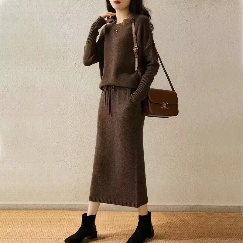 

Korean Fashion Two Piece Sets Womens Outifits Solid Knitted Sweater Dress Sets Loose Pullover Sweater Skirt Sets Womens Clothing
