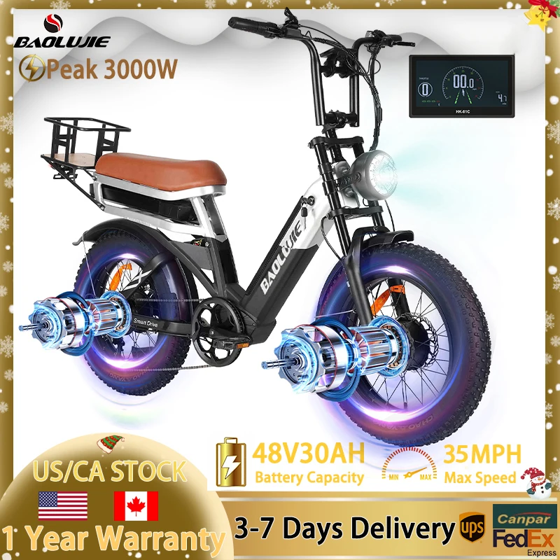 

BAOLUJIE Peak 3000W Electric Bike for Adults,48V 30Ah Removable Battery, Top Speed 35MPH, 20''X4" Standard Tire, 7-Speeds Ebike
