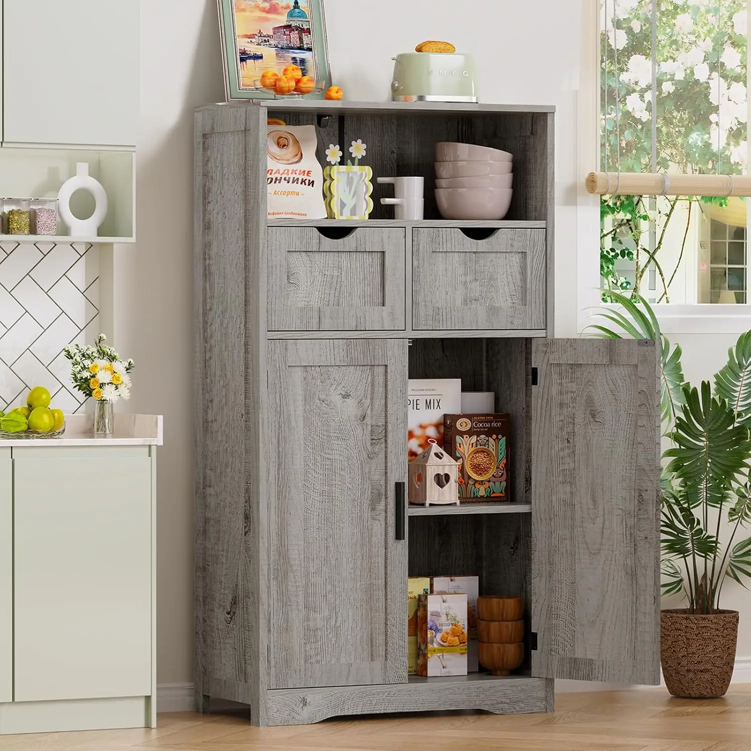 

Storage Cabinet with 2 Drawers & 2 Adjustable Shelves, Bathroom Cabinet with Doors, Cupboard, Floor Cabinet