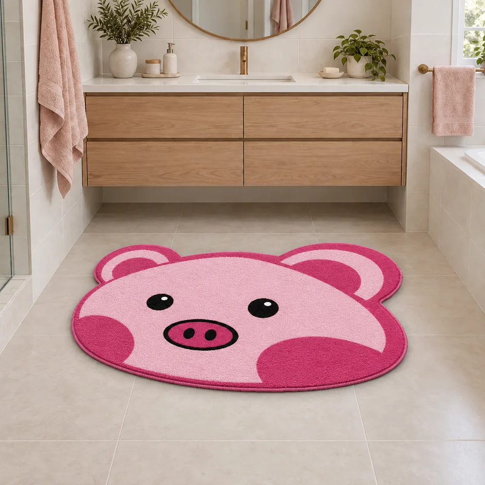 Cute Pink Pig Shaped Floor Mat, Cartoon Piggy Flannel Rug For Kids Bedroom Playroom Bathroom Nursery, Novelty Home Decor Gift