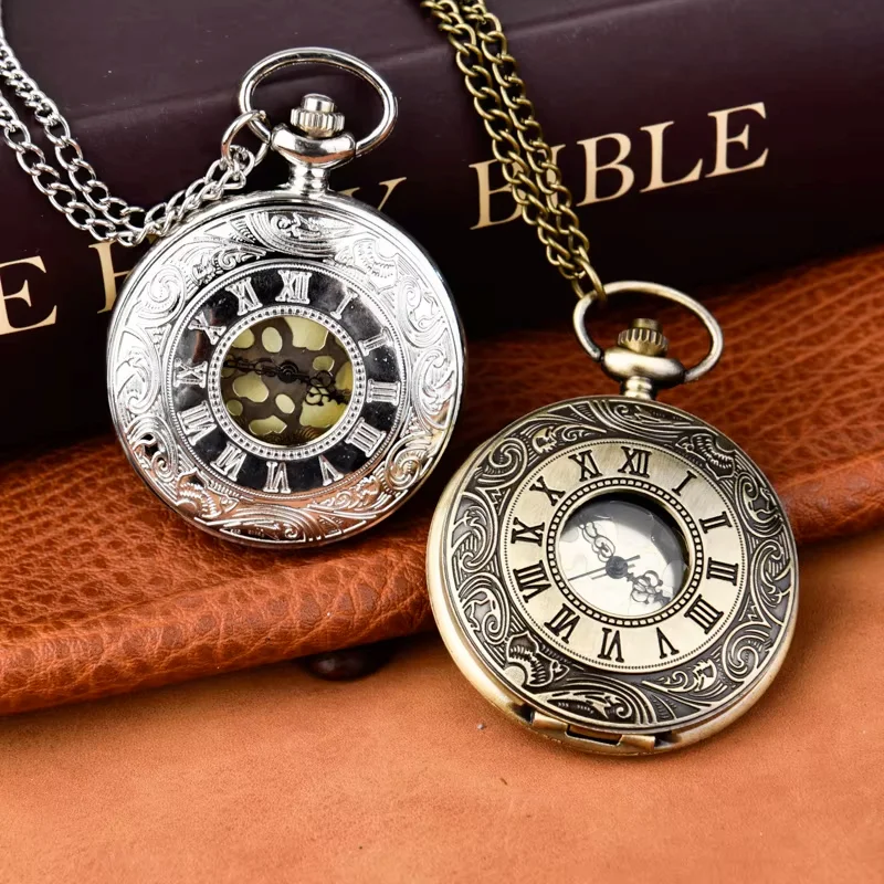 Retro gold face gold flip watch large classical hollow-out Roman scale pocket watch quartz watch