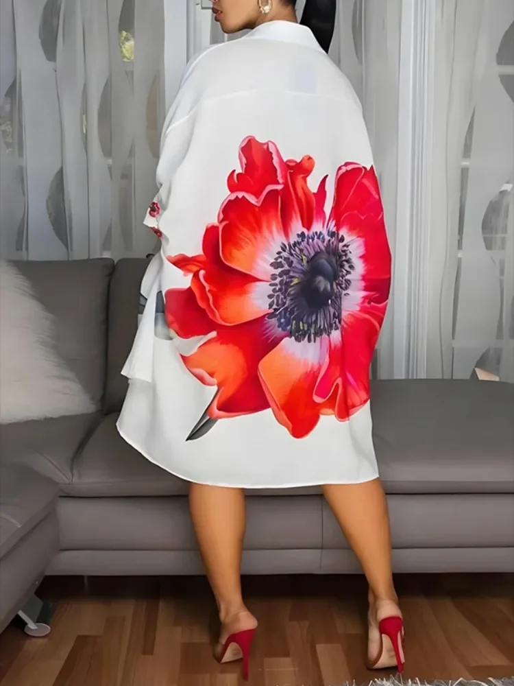 Damska sukienka koszulowa oversize z klapami, nowość na lato 2026, rękawy 3/4, kwiatowy nadruk, luźna, elegancka, codzienna, do biura, wieczorowa, midi.