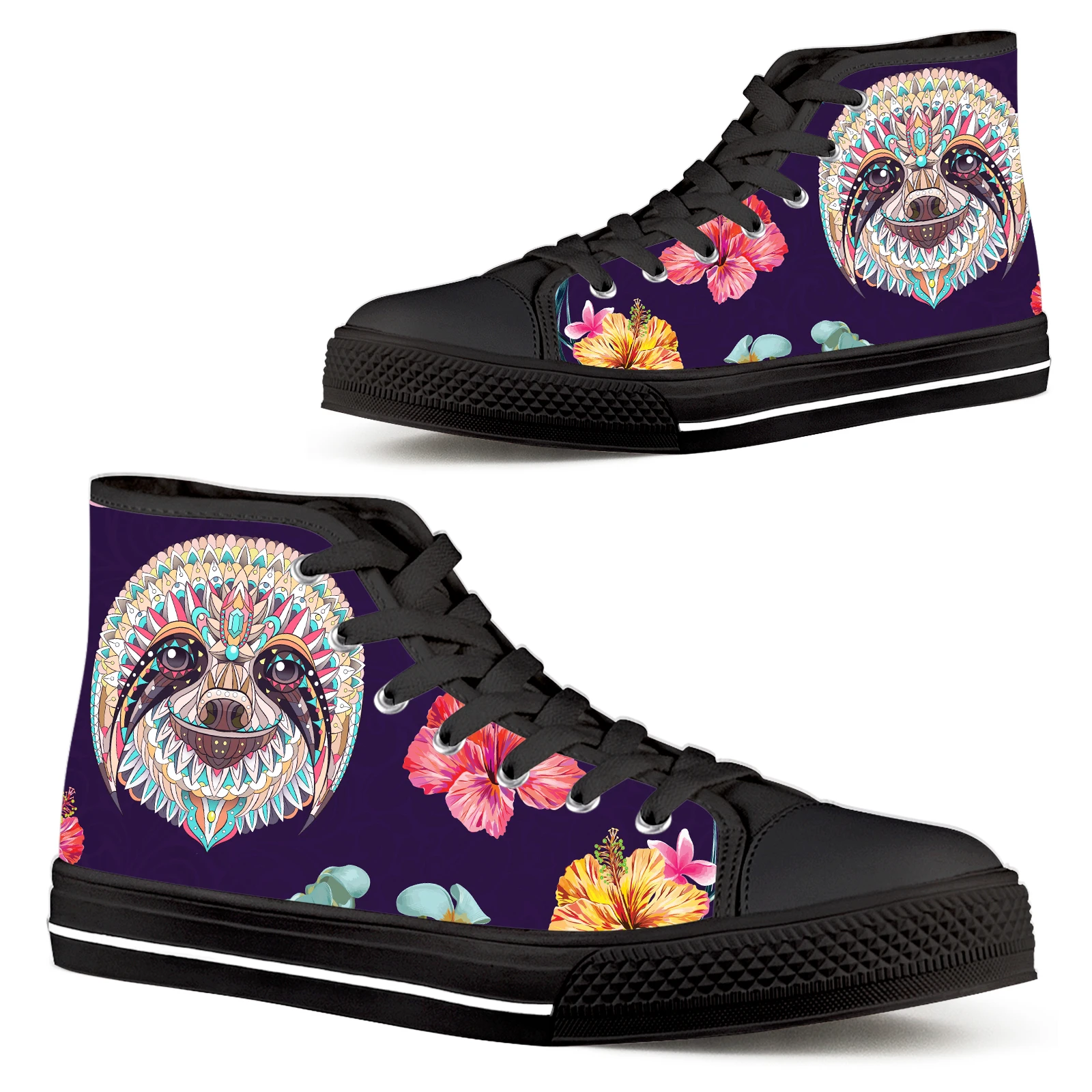 

ELVISWORDS Sloth Shoes Tropical Plant Flowers Sloth Designer Ladies Shoes Hibiscus Flower Casual Canvas Shoes Cartoon Sloth Shoe