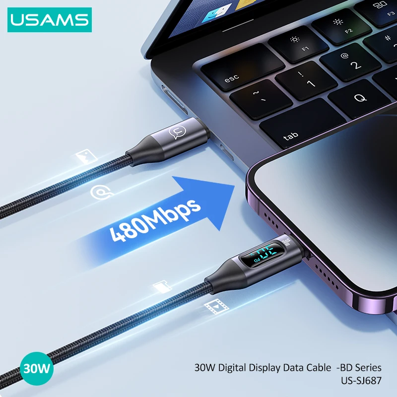 USams-type-cケーブルディスプレイ急速充電器、データケーブル、30w、pd、1.2m、iPhone 14、13、12、11 pro max、iphone x、macbookに適合