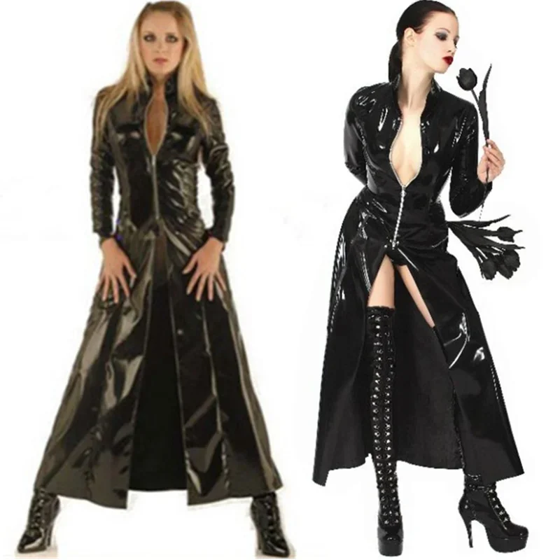 New Fashion Sexy Plus Size Vinyl Clubwear Balck Pvc Faux Leather Long Sleeves Gothic Long Coat For Men Women PU Trench