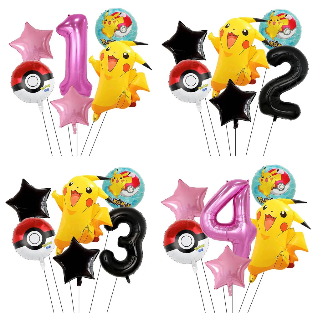 6 stücke Cartoon Pikachu Thema Folienballons Set Rosa Schwarz Digitale Folienballon Kinder Geburtstag Baby Shower Party Dekoration Geschenke