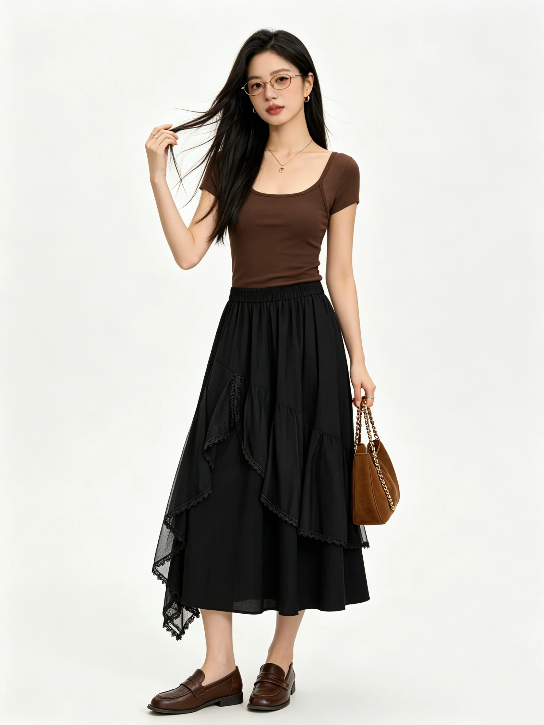 

Korean Style High Waist A-Line Skirt Lace Asymmetrical Women's Skirts Breathable Skin-Friendly Spring Summer Skirts