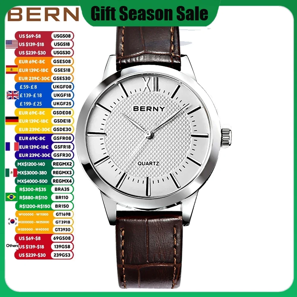 BERNY Men Quartz Watch Waterproof Miyota 2035 Movement Genuine Leather Buckle Luxury Top Brand Bussiness Fashion Watch for Men