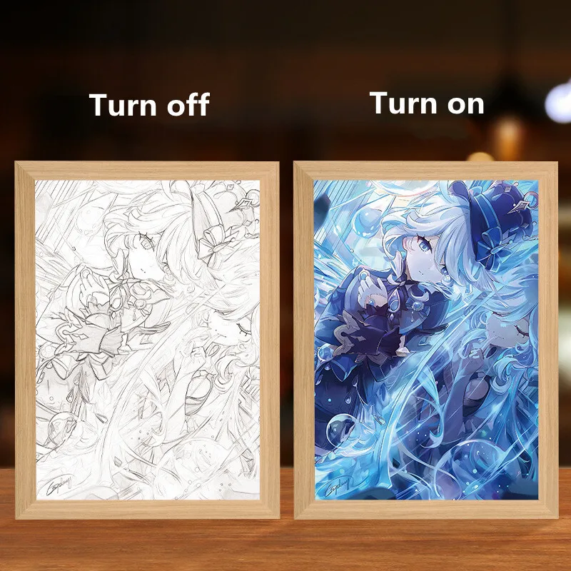 Genshin Impact Figure LED Light Painting with Frame Furina Hu Tao Wanderer Anime Poster Wall Art Room Decor Desk Night Lamp