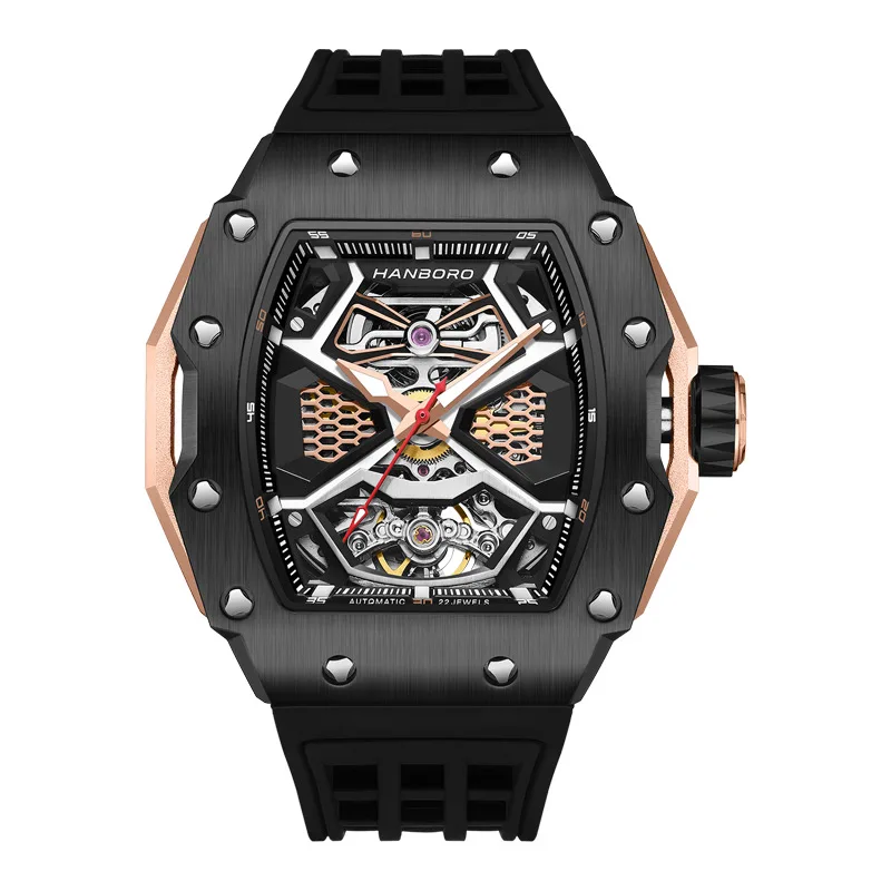 

HANBORO Tonneau type men's fully automatic luxury skeleton watch fashion mechanical watch luminous skeleton waterproof watch