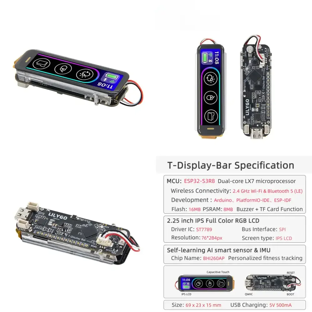 

LILYGO T-Display-Bar 2.25 Inch Full Color RGB LCD ESP32-S3 Development Board with BHl260AP Self-Learning AI Smart Sensor Kits